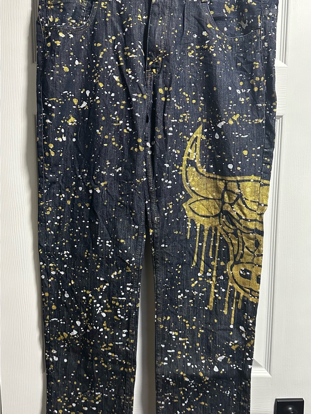 Chicago Bulls Denim Jeans with Gold & White Paint Splatter